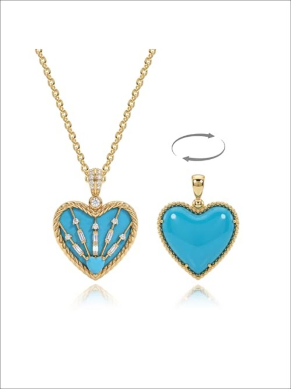 14K Gold Plated Double Sided Heart Pendant Necklace for Women